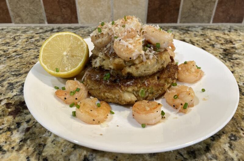 Crab Cake Topped with Garlic Butter Shrimp